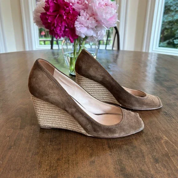 Prada Peep Toe Espadrille Wedges Brown Suede Size 39 / 9 - Picture 2 of 4